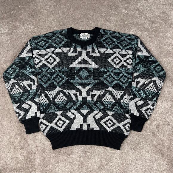 Vintage Geometric Sweater Size M Black Gray Mint Green Expressions Grandpa - Picture 1 of 4